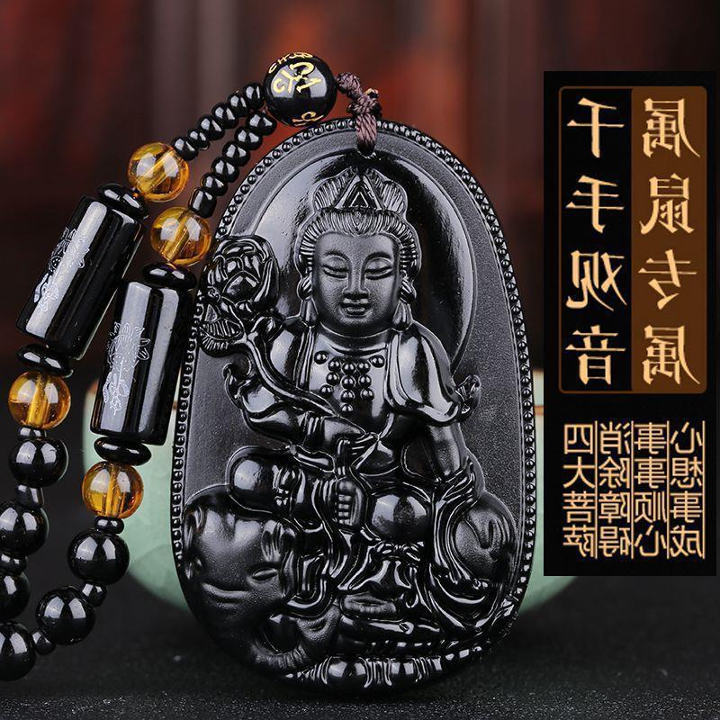Black Obsidian Buddha Pendant Carved Design Beaded Chain Daily Wear Lucky Gift For Men Women