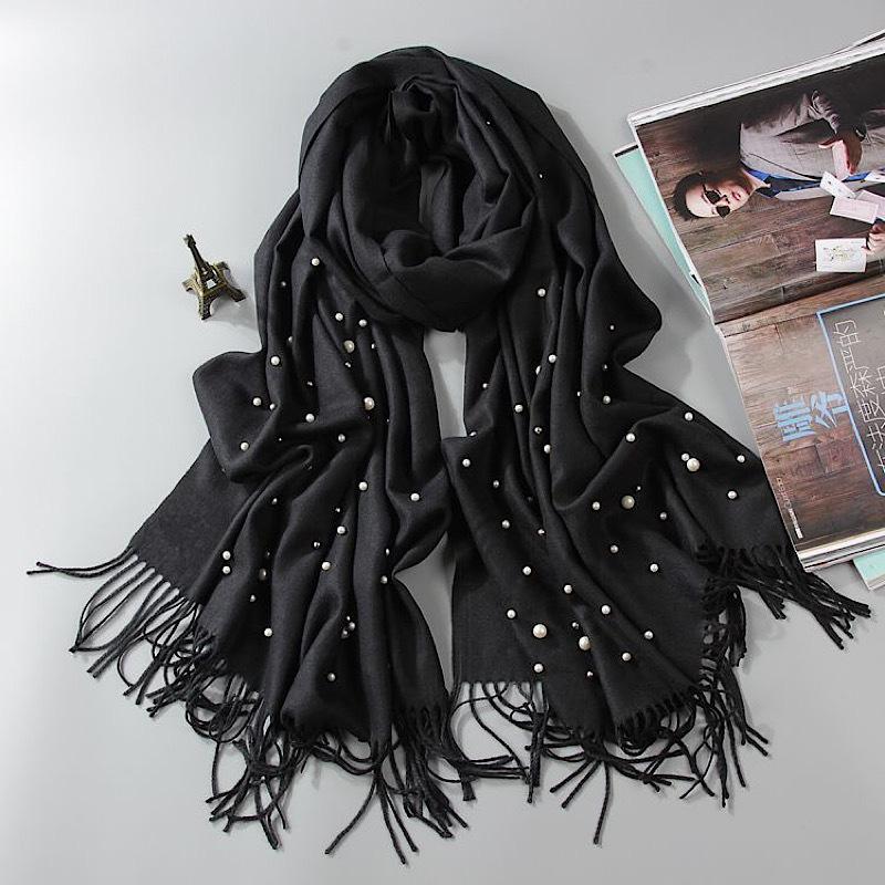 Luxury Pearls Solid Color Cashmere Scarf Women Winter Warm Pashmina Scarves Tassel Casual Bufanda Poncho Lady Wraps Shawls