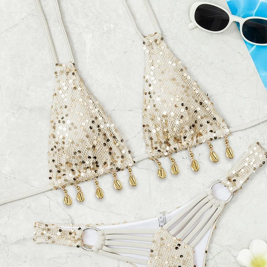 Evropské a Americké Nové Flitrované Mušlové Šperky Rozdělené Nízké Bikini Průhledné Sexy Pro Ženy V Plavkách
