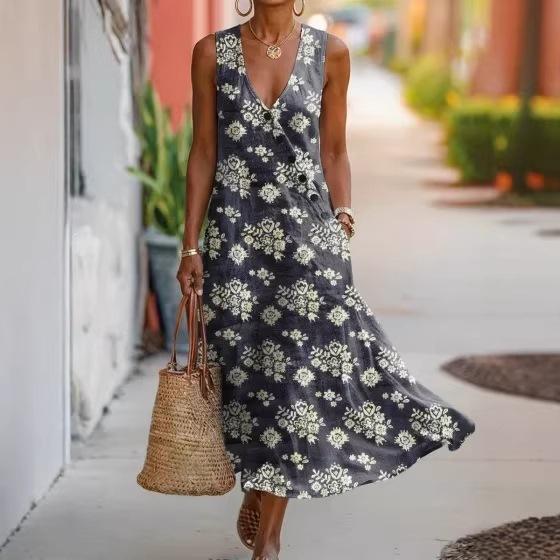 Summer V-neck Sleeveless Diagonal Button-up Vest Skirt Long Women's Vacation Casual Dress