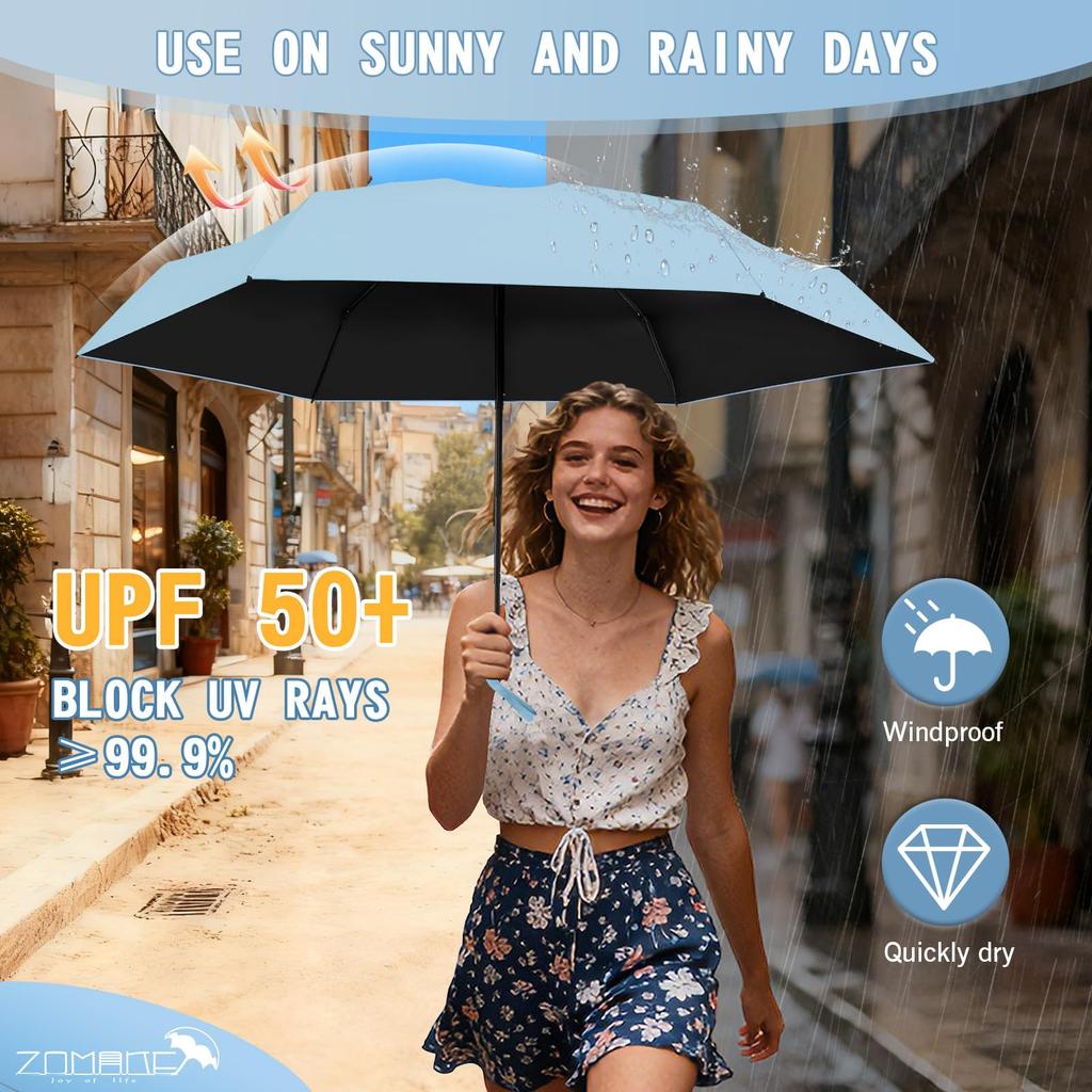 ZOMAKE Folding Ultra UV Light Heat UV Rain or Includes Waterproof Case Umbrella, Lightweight, Compact, Small, UPF50+ Protection, Blocking, Blocking,