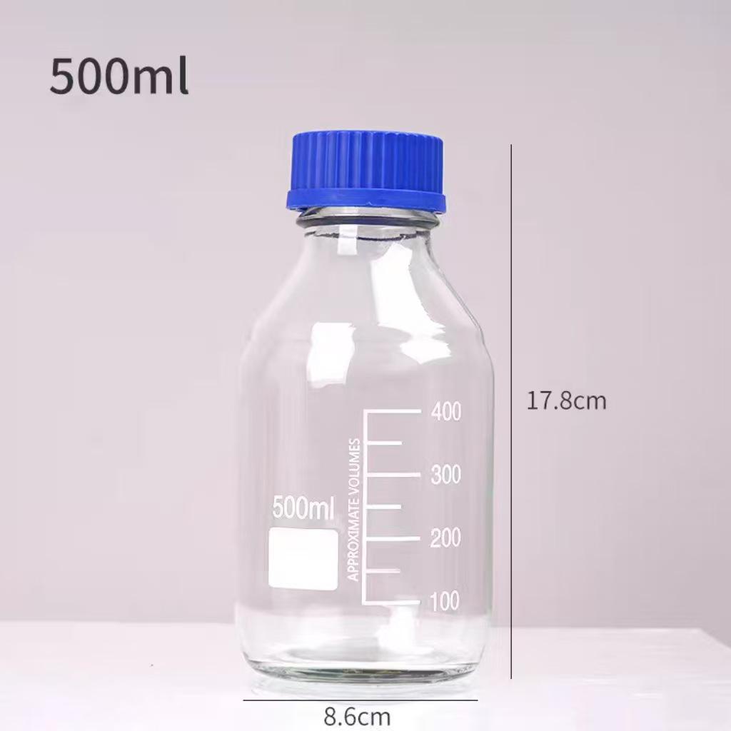 Blue Cap GL45 Threaded Glass Reagent Bottle - Transparent, Brown, Round with Scale, Sealed Sampling Lab Bottle