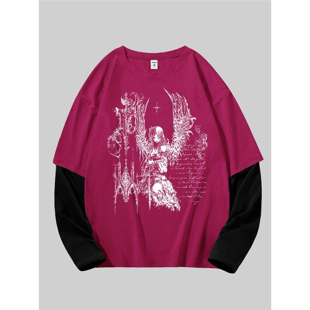 Maglietta Goth da Uomo Y2k Grafica Oversize Manica Lunga Girocollo Streetwear Top Vestibilità Primaverile