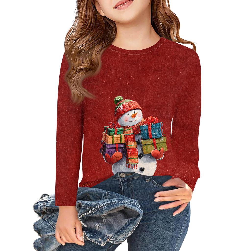 Christmas Day Girls Long Sleeve T Shirts Kids Fall Tops Crewneck Printed Basic Tees