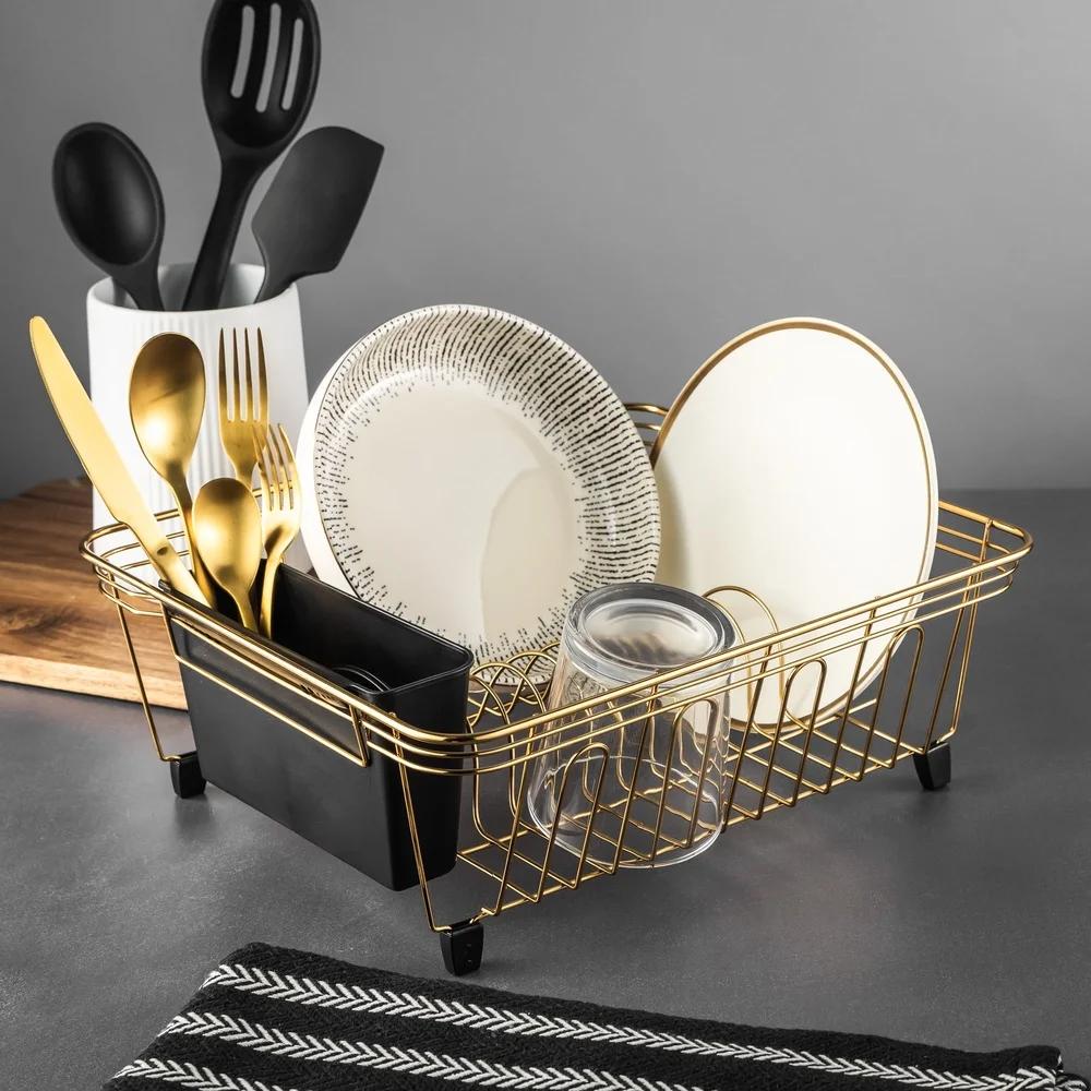 Gold Stainless Steel Dish Rack with Utensil Caddy Modern Kitchen Storage Solution Plates Bowls Drying