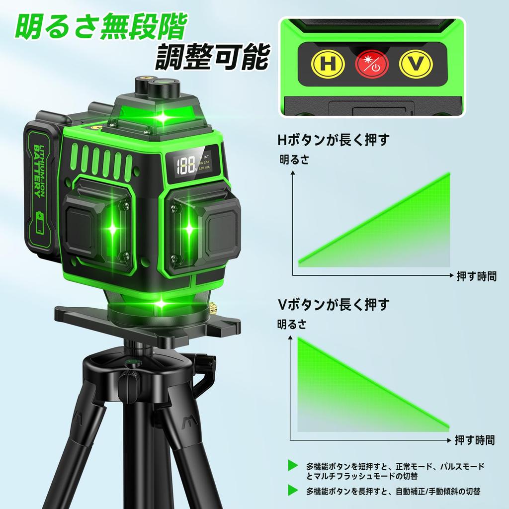 Elikliv 4x360° Green Laser Level, 16-Line Full Layout with LCD Battery Display, 2×4500mAh Batteries, Tripod & 360° Metal Base