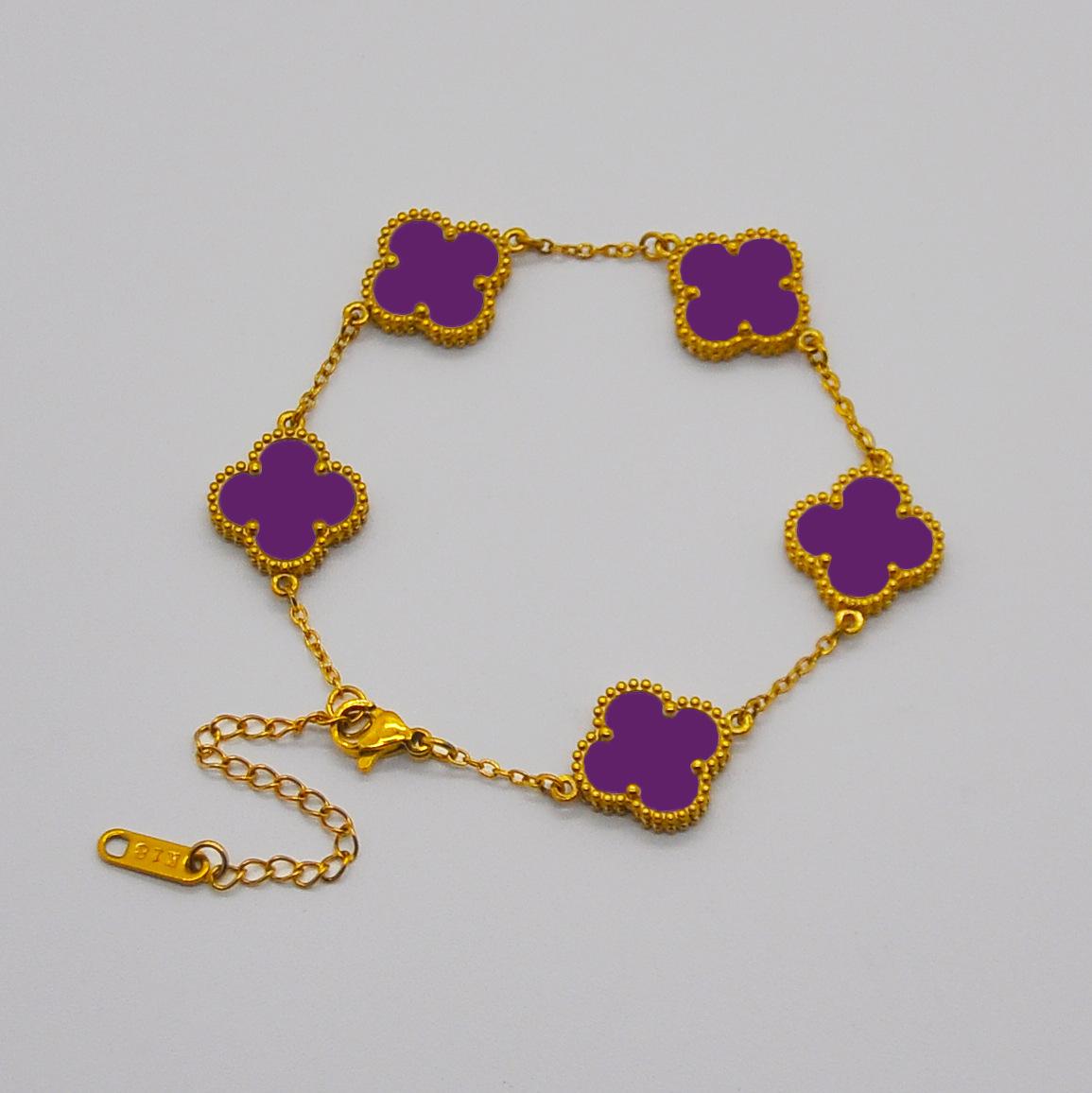 

Женский браслет Четырехлистный клевер 15 мм, двусторонний, 18K, Четырехлистный клевер , Пять цветков , перламутр фиолетовый
