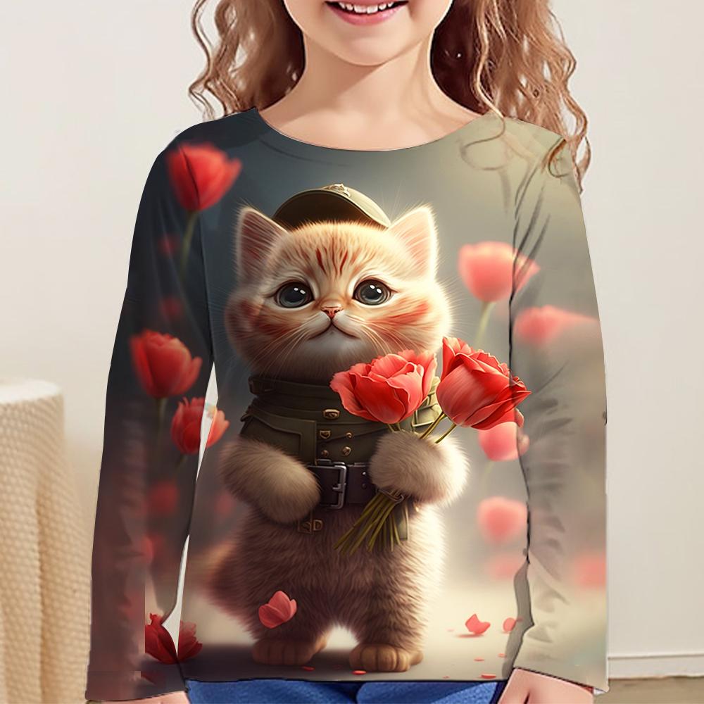 Children's Clothing Long Sleeve Cat Print O-Neck Kids Spring Fall Clothes Fashion Cartoon Girls Clothes T-Shirt Streetwear Tops