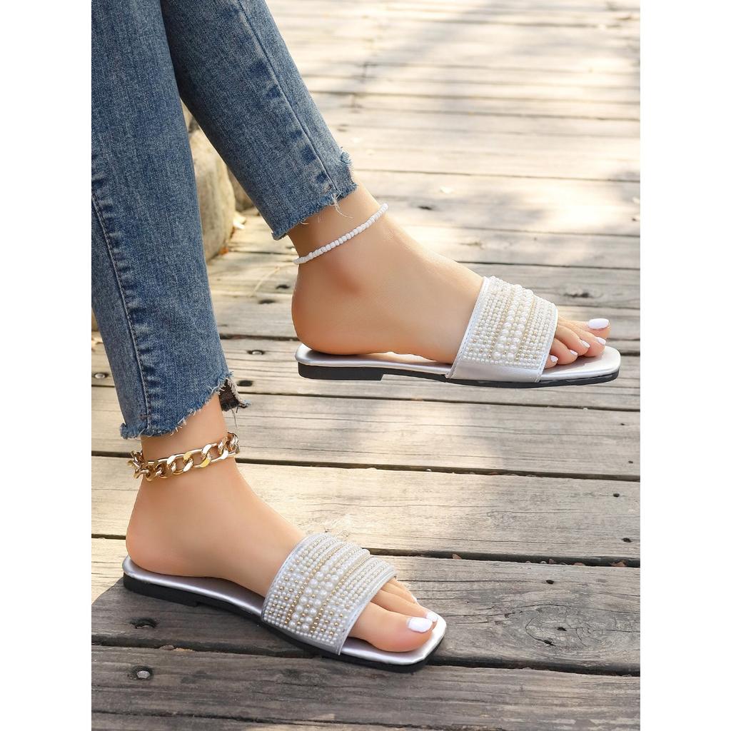 Damsandaler med flera lager och glittrande diamanter i tån - PU-tyg med gummisula, lämpliga för vardag och fest, moderiktiga svarta strandskor