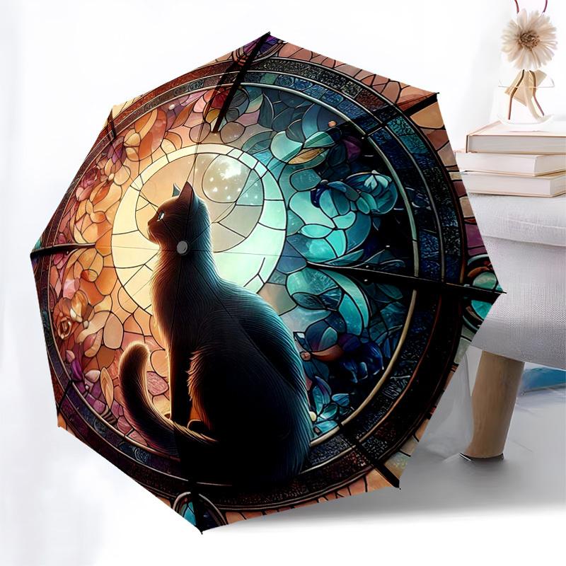

1pc Stained Glass Cat Moon Scene Automatic Folding Umbrella - Portable 3-Fold Design with 8-Bone Iron Frame, Outdoor, Gift for Fans, Travelers, Daily