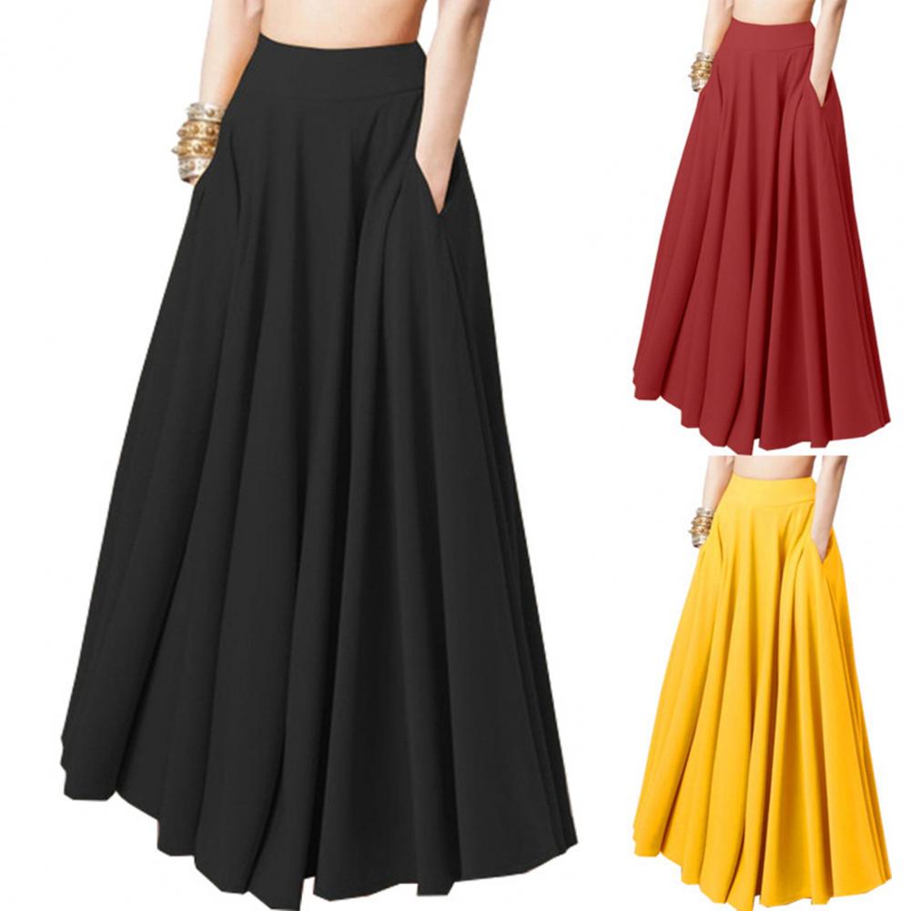 Damen Maxirock Hohe Taille A-Linie Unifarben Rock mit Taschen Lockerer Schnitt Passform Faltenrock Lang Freizeit Alltagskleidung