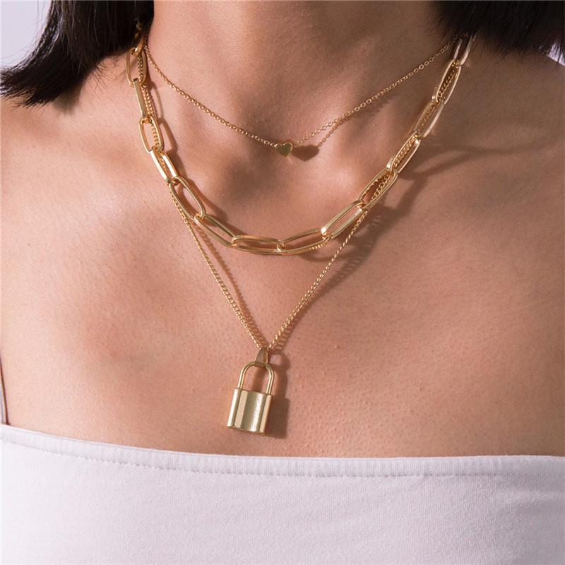 Mehrschichtiger Liebesschloss-Anhänger Choker Mode Steampunk Vorhängeschloss Herz Kettenhalskette Damenschmuck