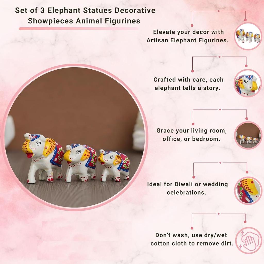 Set of 3 Elephant Statues for Good Luck| Animal Figurines Decorative Elephant Showpieces| Gift for Diwali Birthday Housewarming