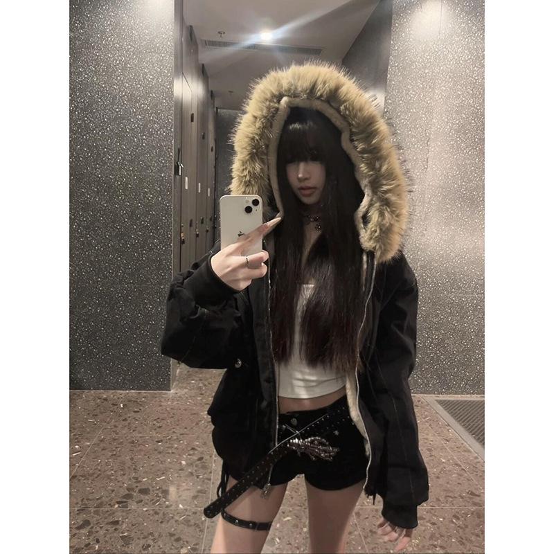 2025 Women's Gray Fur Collar Short Slim Sweatshirt - Petite Korean Style Autumn/Winter Outerwear