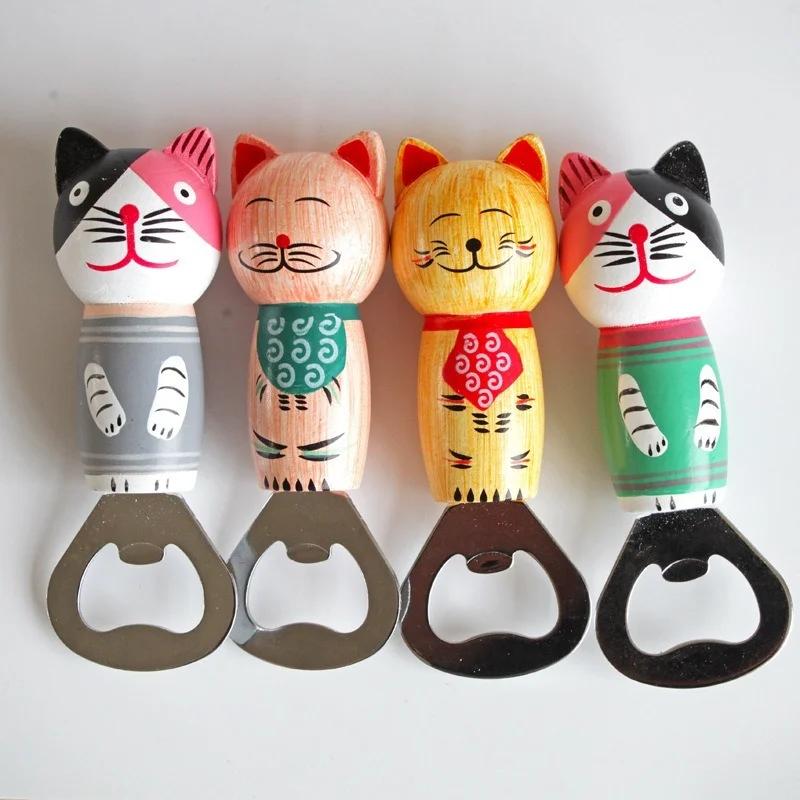 Japanese Creative Balinese Cat Wooden Multifunctional Cartoon Cat Beer Bottle Opener Magnetic Refrigerator Stickers Ornaments