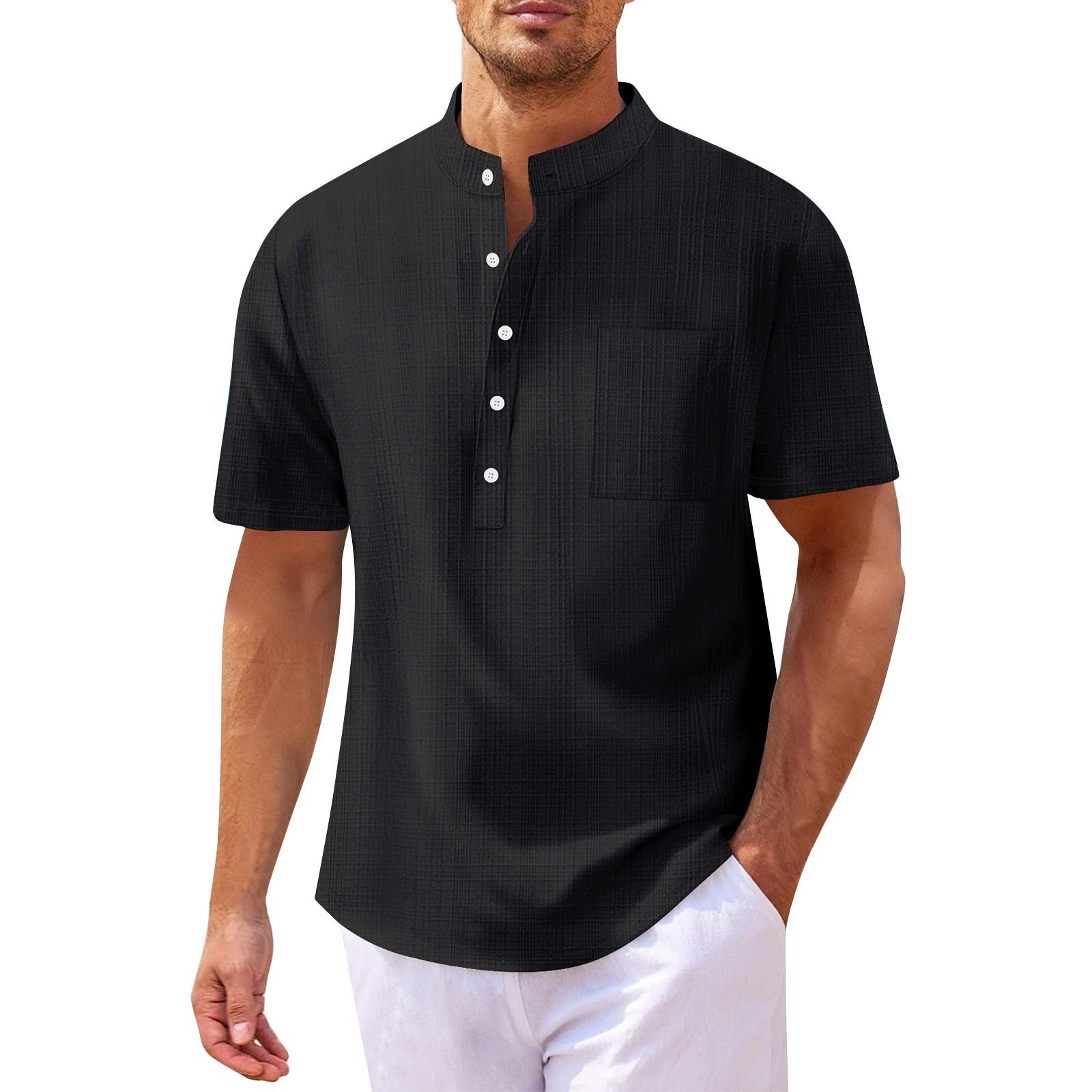 

Мужская однотонная рубашка из хлопка и льна с коротким рукавом на пуговицах, мужские повседневные дышащие топы XXXL чёрный