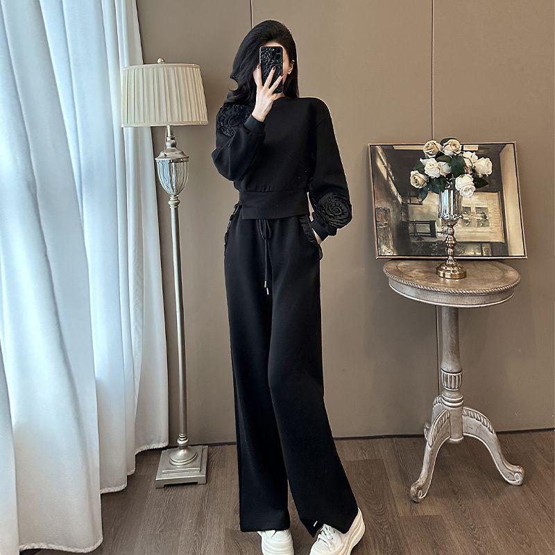 

Женский повседневный спортивный костюм для通勤 2025 – Осенне-зимний свитшот и брюки широкого кроя, модный комплект-двойка S