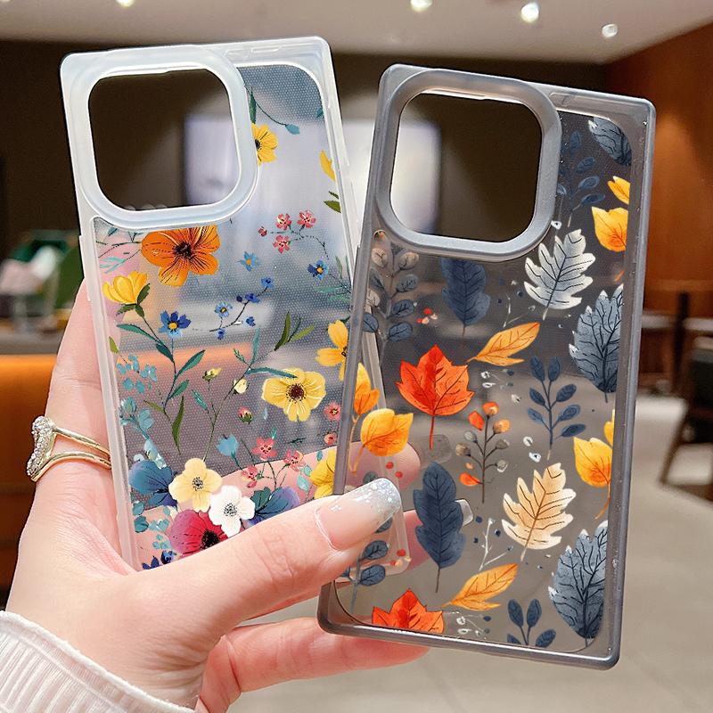 Frosted Square Transparent Phone Case for iPhone 16 Pro 15 14 Plus 13 12 Pro Max 11 Tree Leaves Floral Pattern Tpu Soft Shockproof Slim Cover