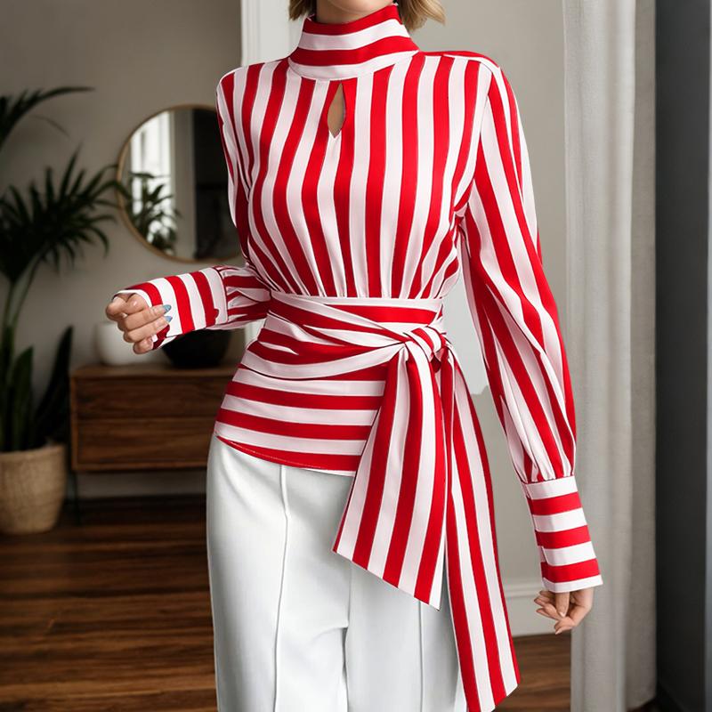 

ZANZEA Женская повседневная водолазка свободного кроя с длинным рукавом и полосатая блузка 3XL красный