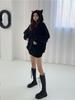 2025 Women's Winter Cat Ear Mid-Length Fleece Hoodie - Fun Plus Velvet Black
