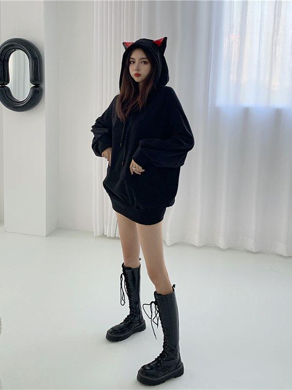 2025 Women's Winter Cat Ear Mid-Length Fleece Hoodie - Fun Plus Velvet Black
