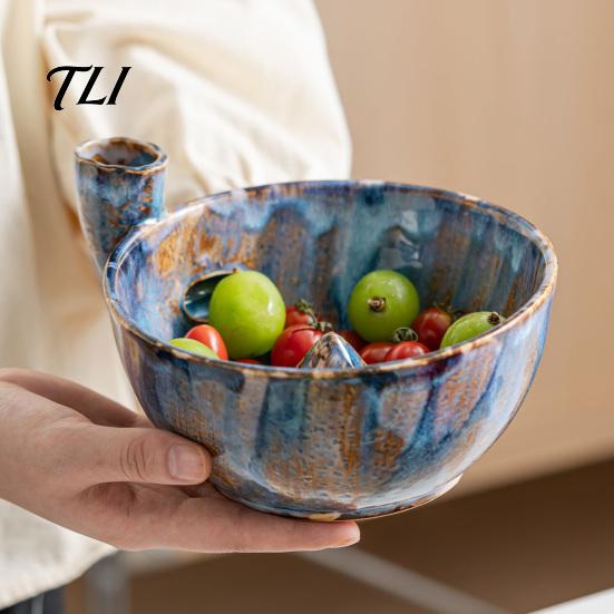 Ceramic Serving Plate Berry Washing Bowl with Drainage Holes, Multifunctional Fruit Blueberry Cleaning Basin Colander Basin, Swirl Design Vegetable