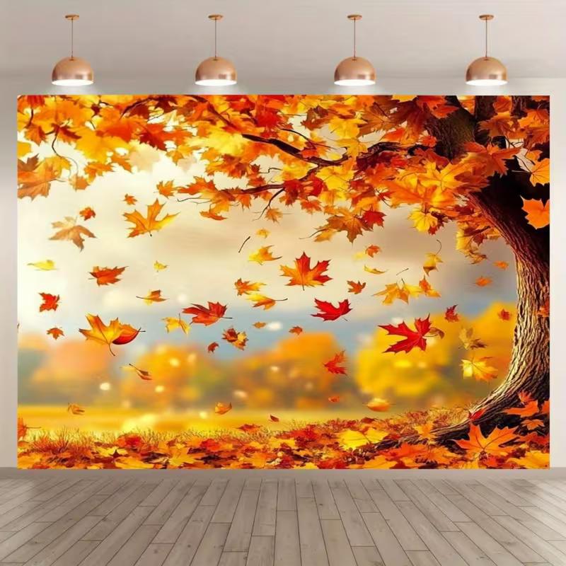 2D Nature Autumn Tapestry, Falling Red & Orange Maple Leaves Wall Cloth