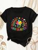 Women's Crew Neck Short Sleeve Graphic T-Shirt, Bohemian Rainbow Stripe & Heart Handprint Print, Soft Fabric, Kindergarten Teacher Casual Dail