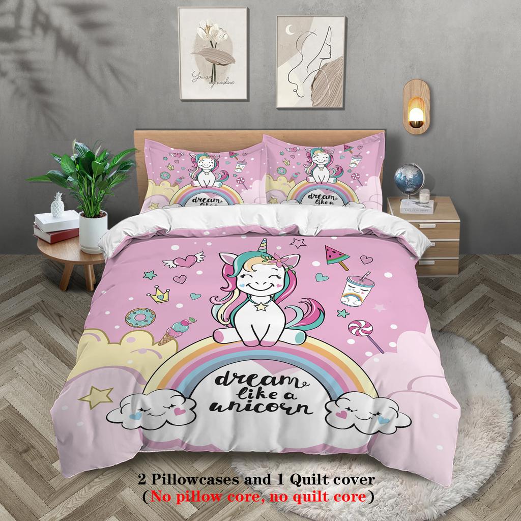 3-piece down duvet cover cartoon unicorn rainbow pattern print (1 duvet cover+2 pillowcases, no core) girls' bedding set