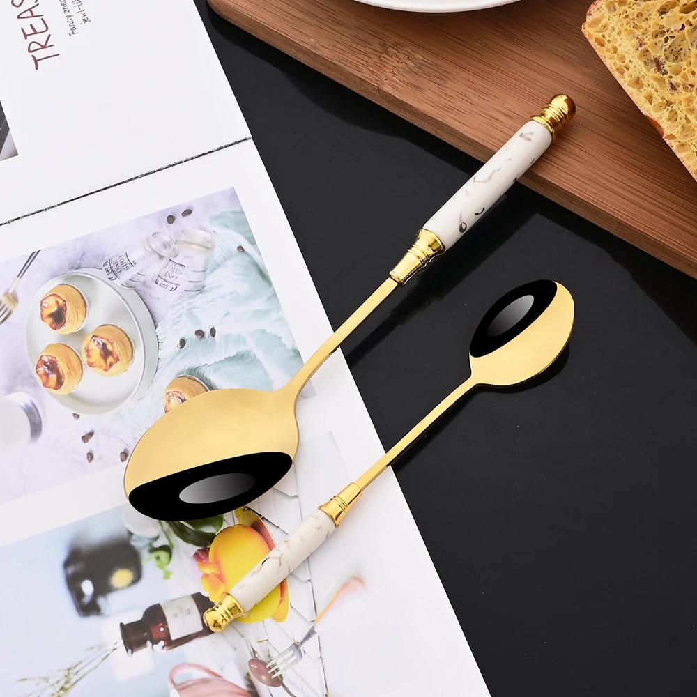 30Pcs Creative Imitation Ceramics Handle Dinnerware Set White Gold Cutlery Stainless Steel Tableware Knives Forks Spoon Flatware