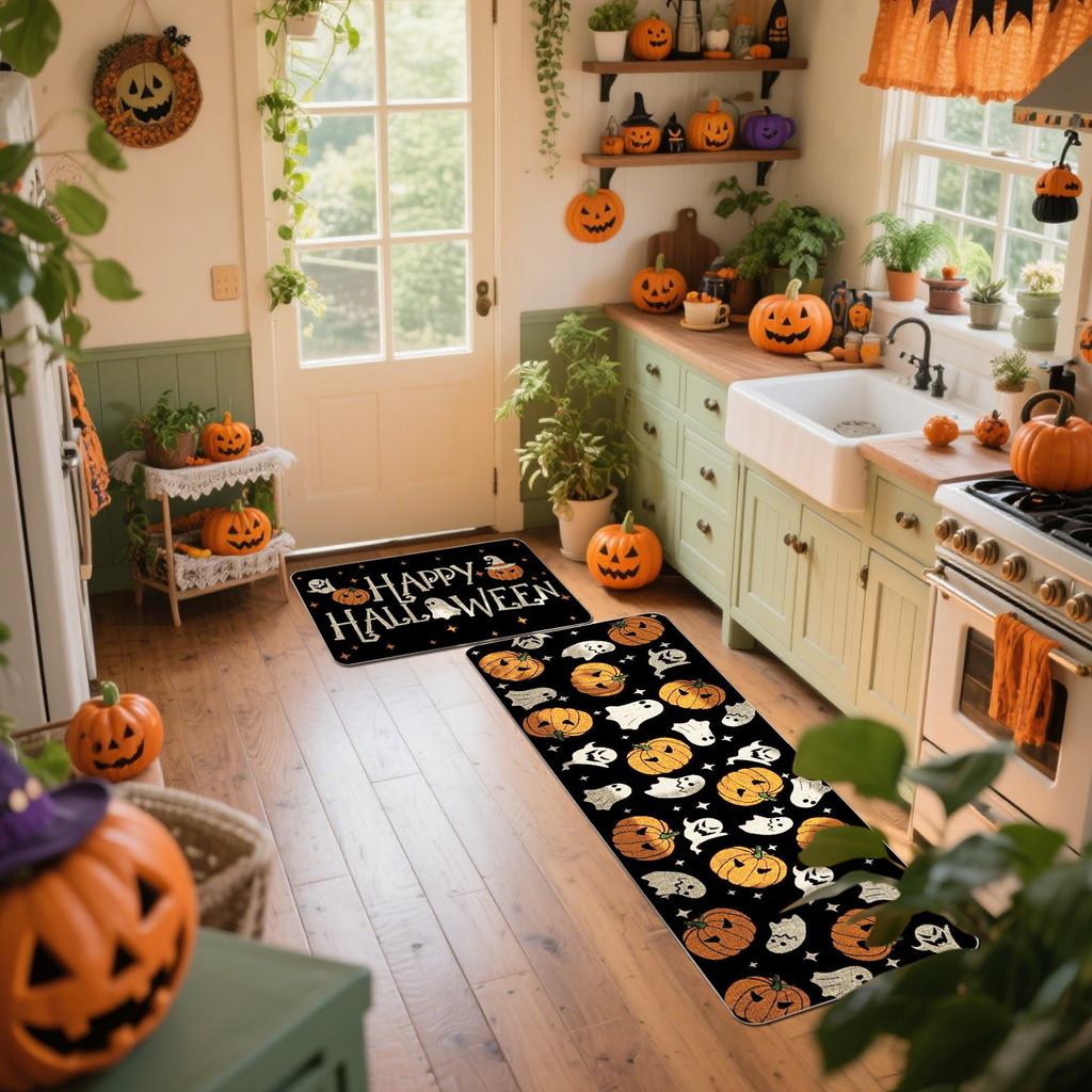 Halloween Ghosts And Horror Polka Dot Kitchen Rug 2 Piece Set, Fun Kitchen Mats, Suitable For Home Use