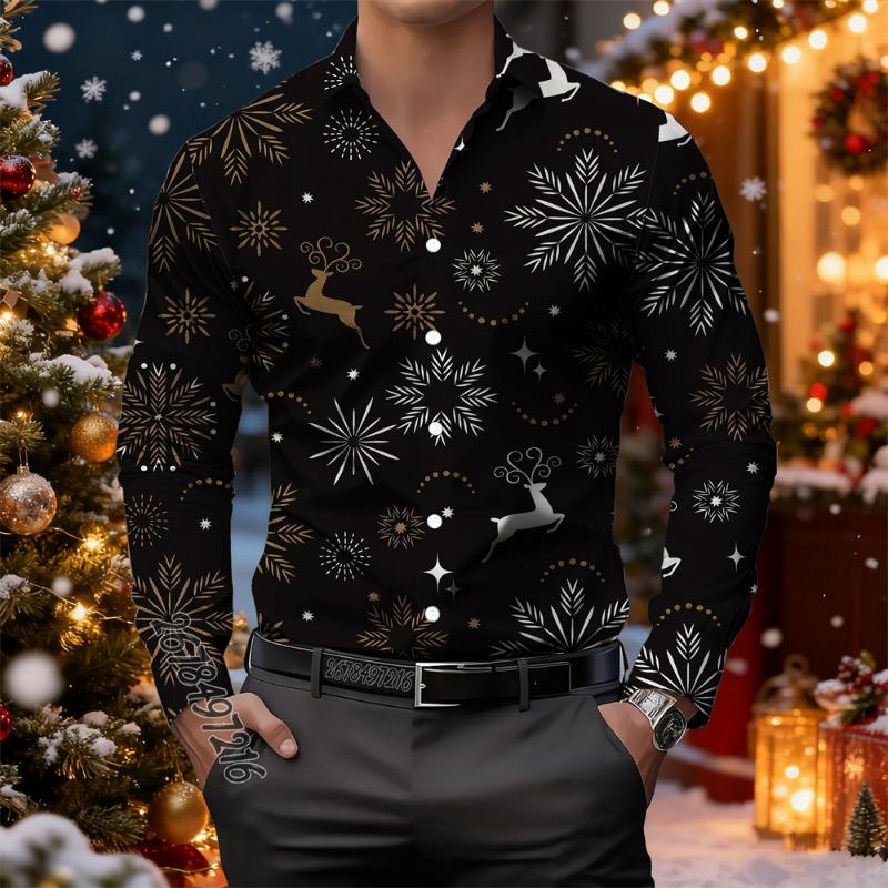 Christmas Luxury Men's Printed Long Sleeve Shirt Fashion Casual New Year Christmas Comfortable High Quality Men's Lapel Tops