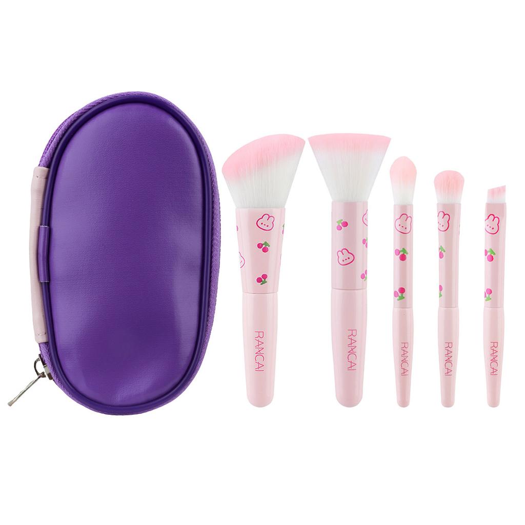 5Pcs Cute Compact Makeup Brush Set With Case Premium Brush for Flawless Foundation, Blush, Eyeshadow Application Beauty Tools