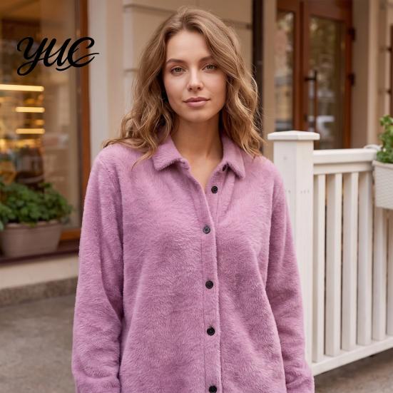Lapel Shirt Coat Women Plush Cardigan Sweater, Long Sleeve Button Down Knit Jacket, Warm Casual Open Front Outerwear for Autumn Winter