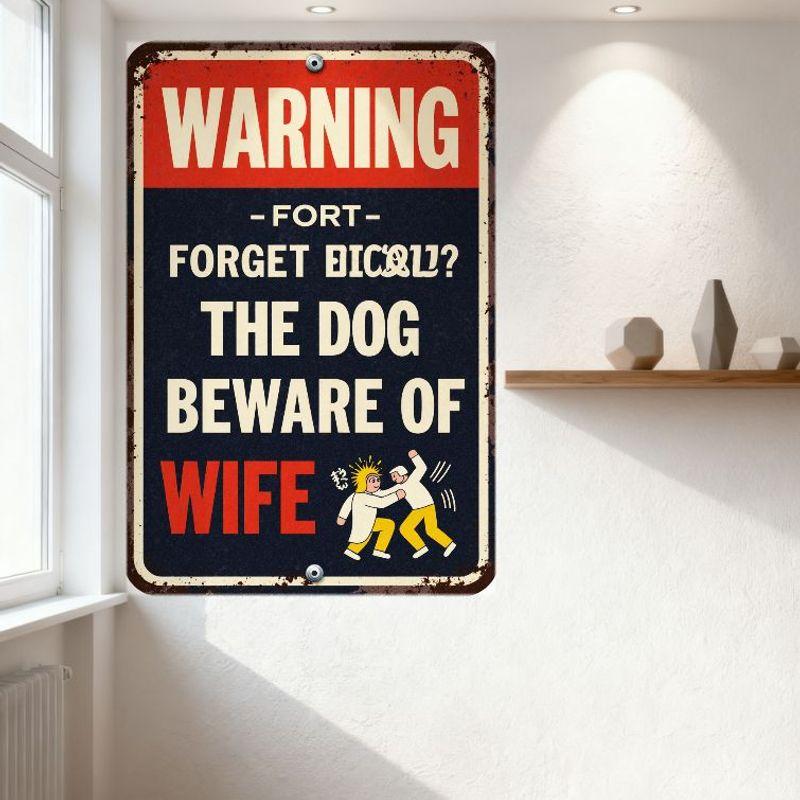 Vintage Style 'Beware of Wife' Humorous Warning Metal Tin Sign with Rusty Look, Funny Dog Themed Home Bar Man Cave Decor