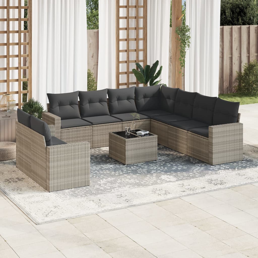 10 Piece Garden Sofa Set with Cushions Light Grey Poly Rattan