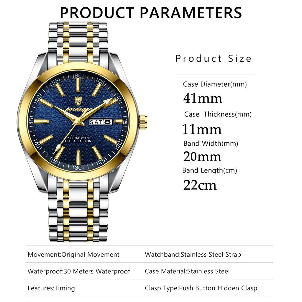 Luxury Watch For Man Waterproof Luminous Date Week Stainless Steel Men Watch Casual Quartz Men's Watches Male Clock