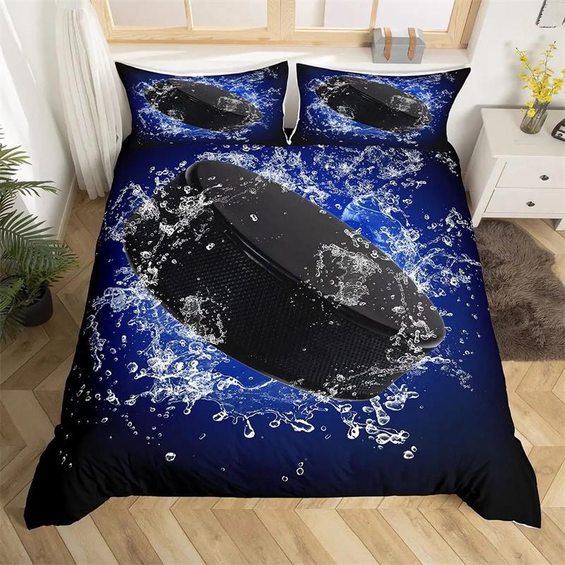Ice Hockey Duvet Cover Black Polyester Bedding Set for Boys Winter Sports Game Quilt Cover Hockey Player Theme