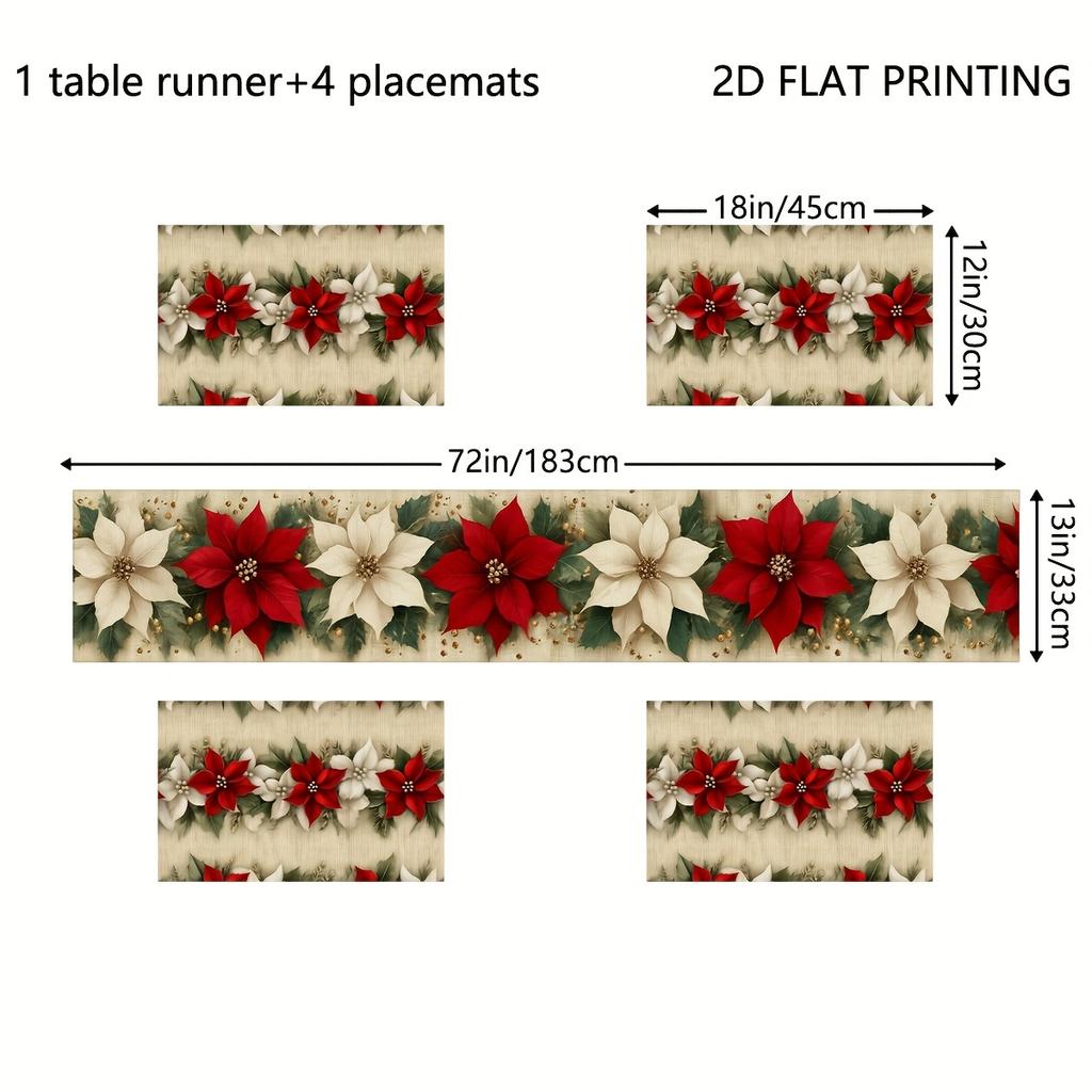 5/7pc Vintage Poinsettia Christmas Table Runner with Placemat Red White Floral Print Festive Table Deco for Xmas Dinner Holiday