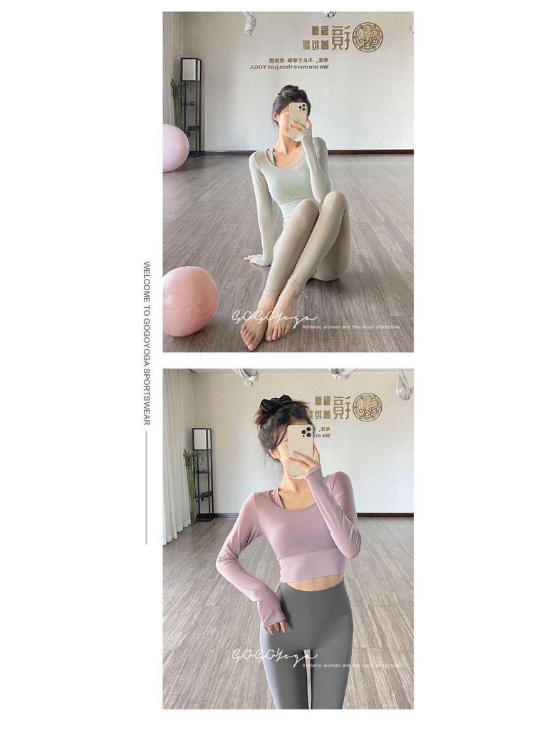 Women's Long-Sleeve Mesh Splicing T-Shirt with Built-in Bra, European and American Style, Pilates-Inspired, Fake Two-Piece Design
