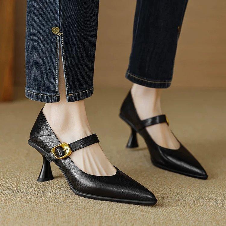 High heels 2025 autumn new women's shoes stiletto mid-heel low-top shoes retro shallow single shoes Mary Jane shoes