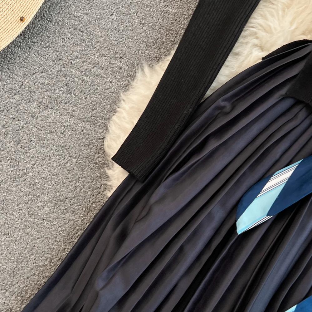 Vintage Elegant  O Neck Print  Pleated Long Sleeve Knit Dress A-line Casual Women Fashion High Waist Summer Spring