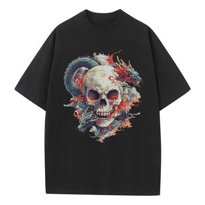 Cotton Loose T-Shirt Dragon Skull Graphic T-Shirt Drop Shoulder Retro Unisex Versatile Top T-Shirt Breathable Printing