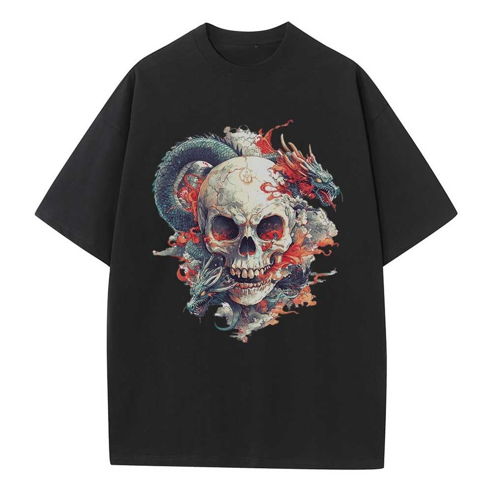 Cotton Loose T-Shirt Dragon Skull Graphic T-Shirt Drop Shoulder Retro Unisex Versatile Top T-Shirt Breathable Printing