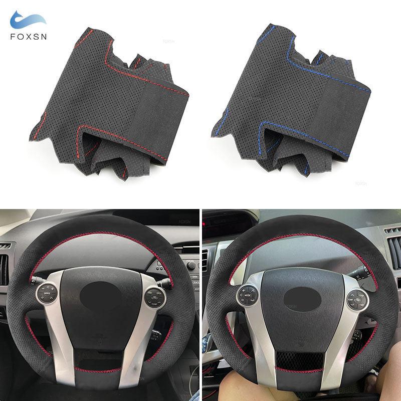 For Toyota Prius 30 XW30 2009-2015 Prius C US 2012-2017 Car Steering Wheel Wrap Cover Hand-stitched Suede Leather Durable Trim
