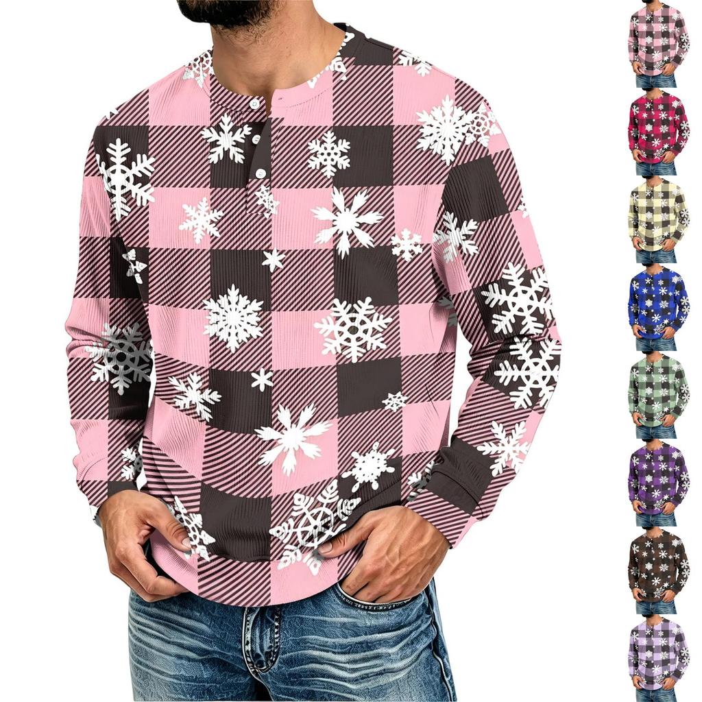 Men's Casual Neck Long Sleeve T-Shirt with Ribbed Texture Christmas Print
