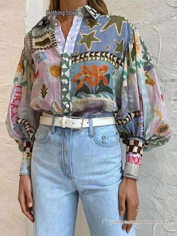 European & American Women's Long Sleeve Printed Shirt - Casual, Fashionable, Lapel Design for Business and Everyday Wear.