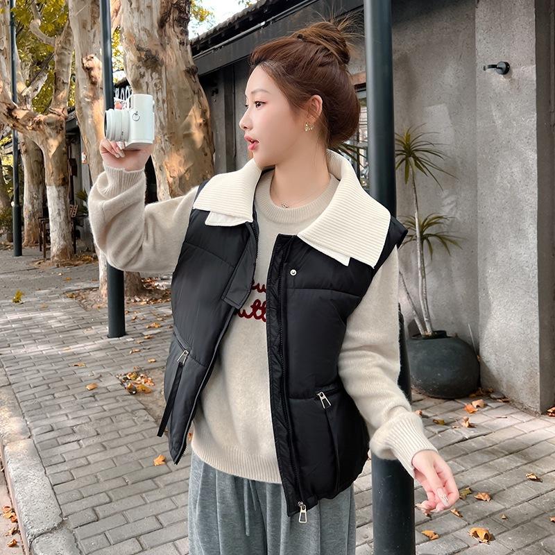 Stickad krage dun bomullsväst dam höst och vinter kort lös bomullsväst bomullsjacka väst ståkrage väst ute