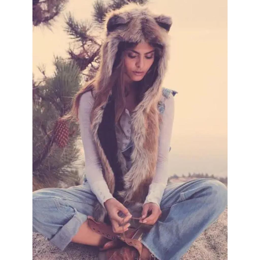 Women Girls Y2K Beanie Fur Animal Hat Scarf Glove Mitten 3-in-1 Function Furry Hoodie with Paws Ears Party Costume