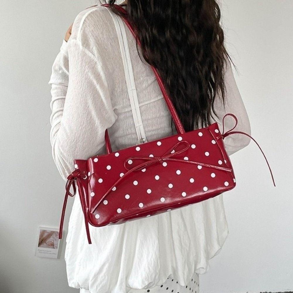 Glänzende PU-Schultertasche mit Schleife Elegante Schlanke Rechteckige Handtasche Gepunktete Unterarmtasche Reise